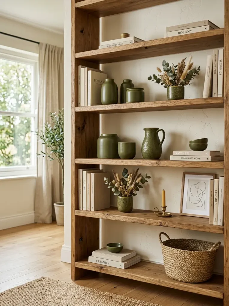 Olive Green Bookshelf Styling