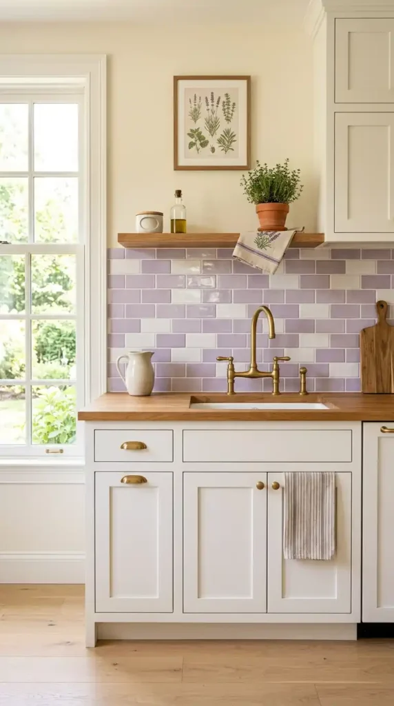 Purple and White Tile Backsplash