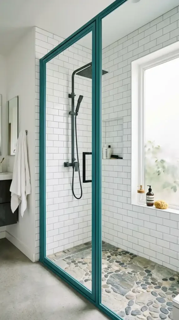 Teal Framed Shower Door