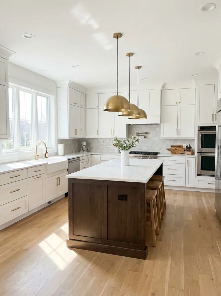 White Cabinets with Brown Island